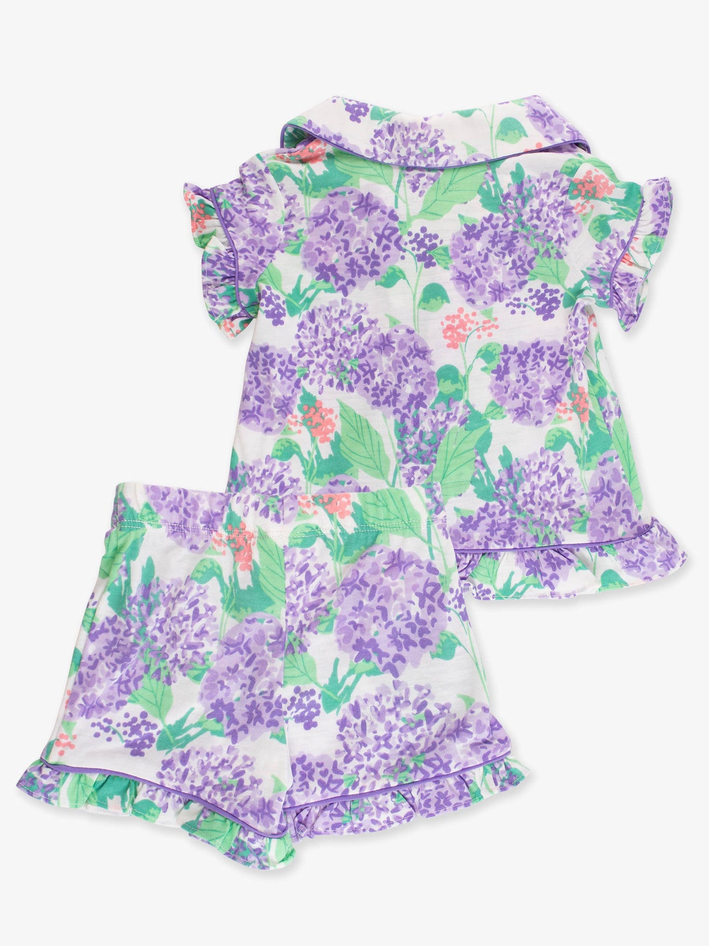 SoftSnooze™ Girls Purple Hydrangea Garden Short Sleeve Bow Ruffle Pajama Set