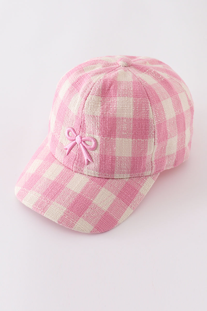 Embroidered Pink Plaid Bow Hat