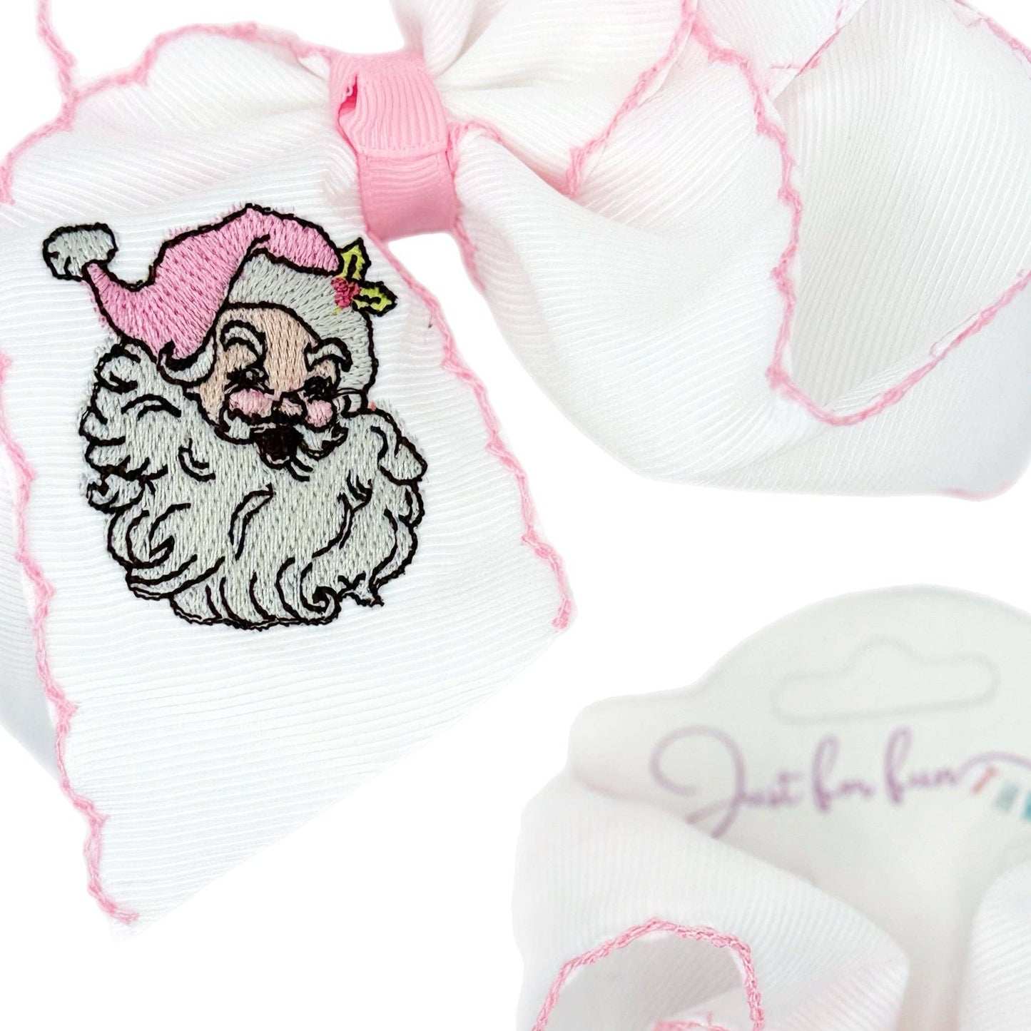 Pink Santa Embroidered Moonstitch Bow: 5.5 inch