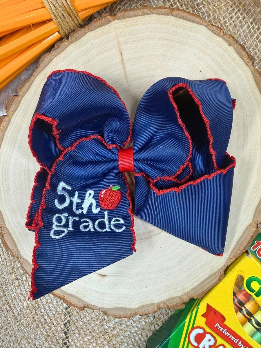 Navy First Grade Embroidered Apple Moonstitch Hair Bow: 1st Grade