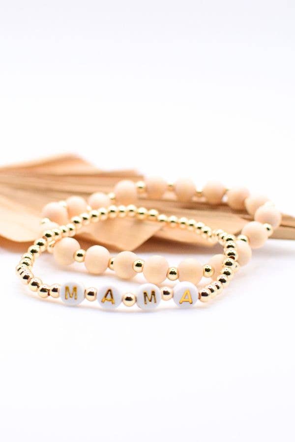 MAMA Word Bead Bracelet Set – Mothers gift, wood and gold