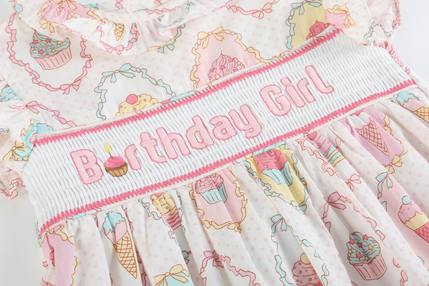 Pink and White Cupcake Birthday Girl Smocked Dress