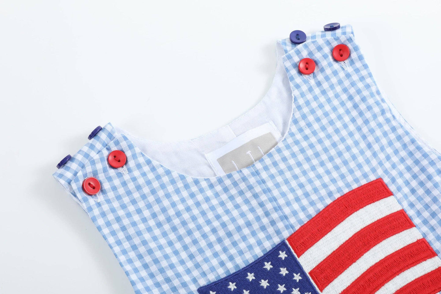 Blue Gingham American Flag Boys Pocket Shortalls
