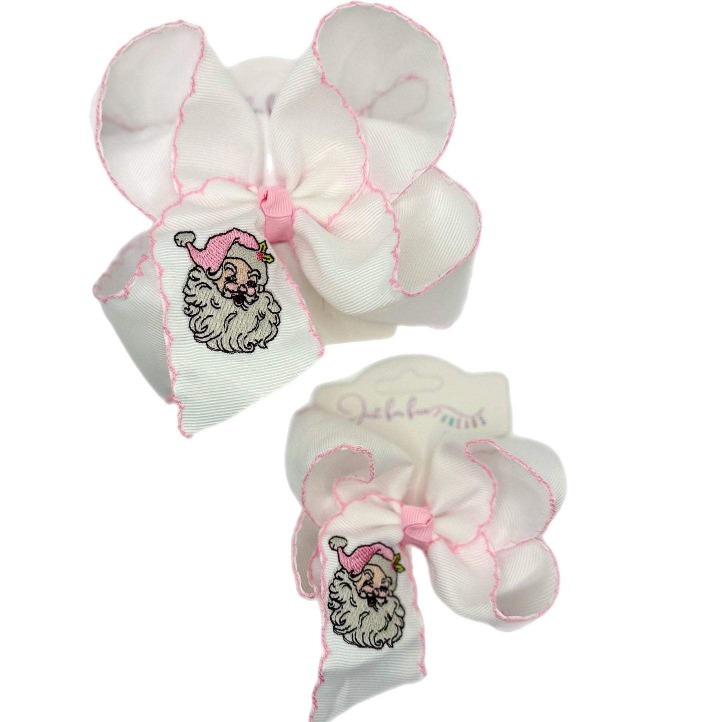 Pink Santa Embroidered Moonstitch Bow: 5.5 inch