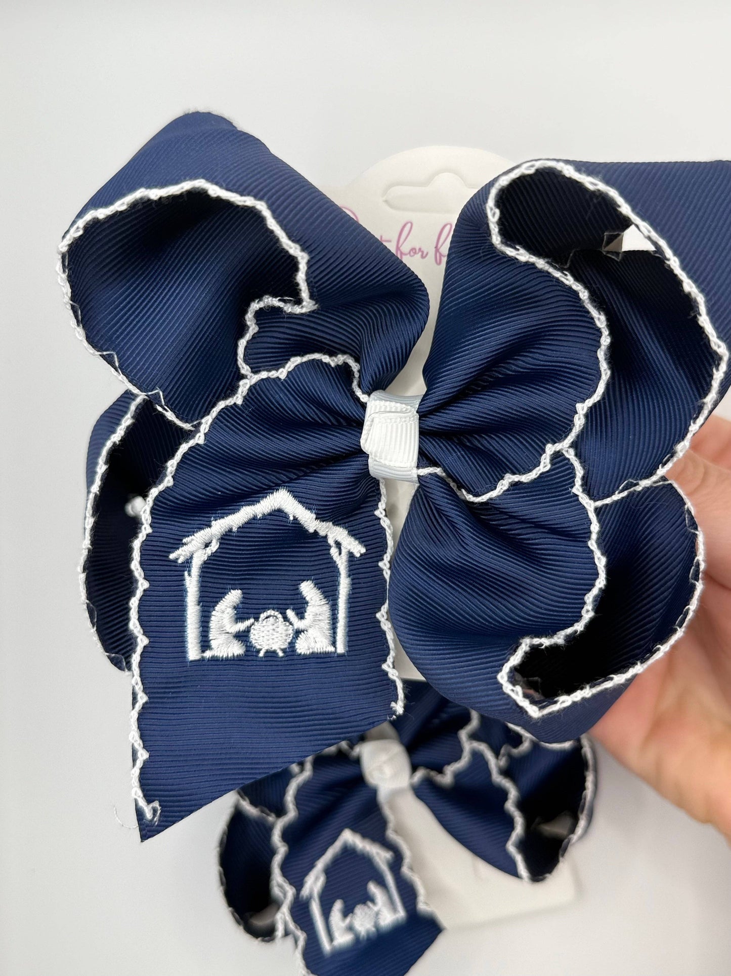 Navy Nativity Scene Moonstitch Hair Bow: 5.5 inch