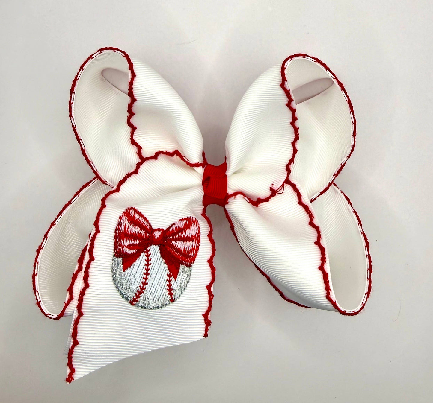 Baseball Red Bow Moonstitch Hairbow