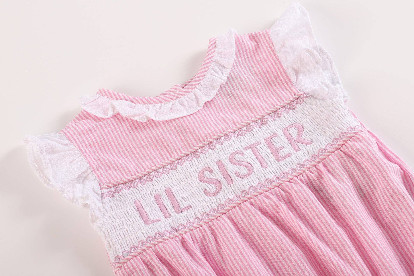 Pink Striped Embroidered Lil Sister Smocked Romper