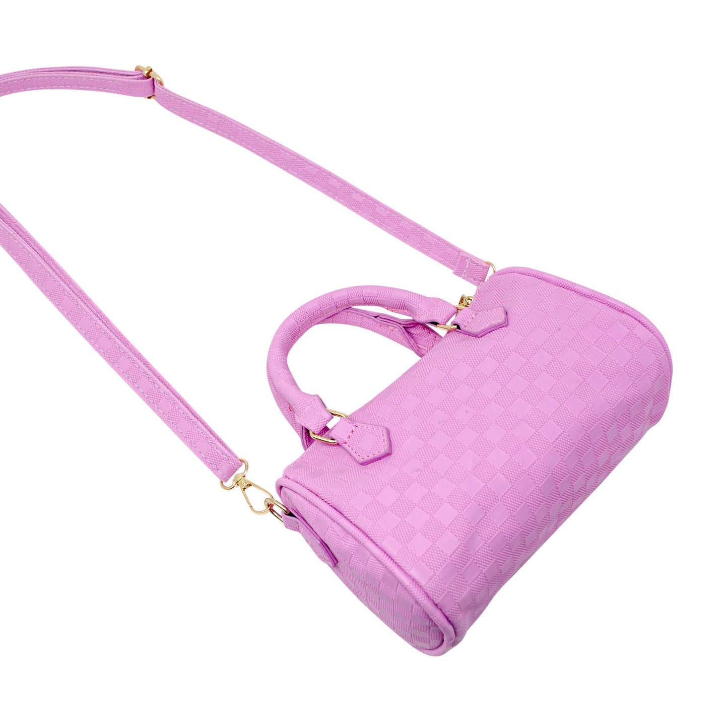 Girls Checkered Canvas Duffle Handbag: Lavender/Pink