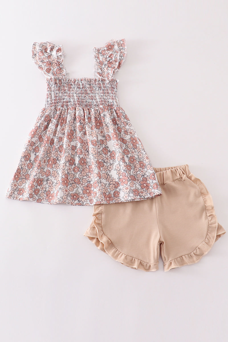 Floral Tan & Pink Smocked Girls Short Set