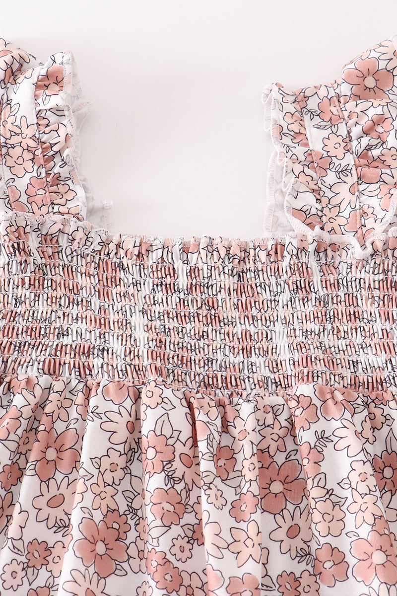 Floral Tan & Pink Smocked Girls Short Set