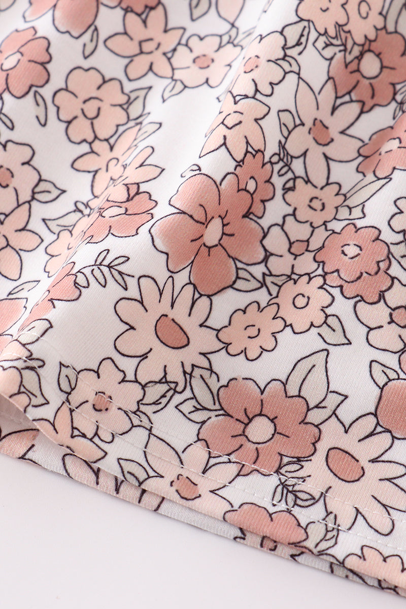 Floral Tan & Pink Smocked Girls Short Set