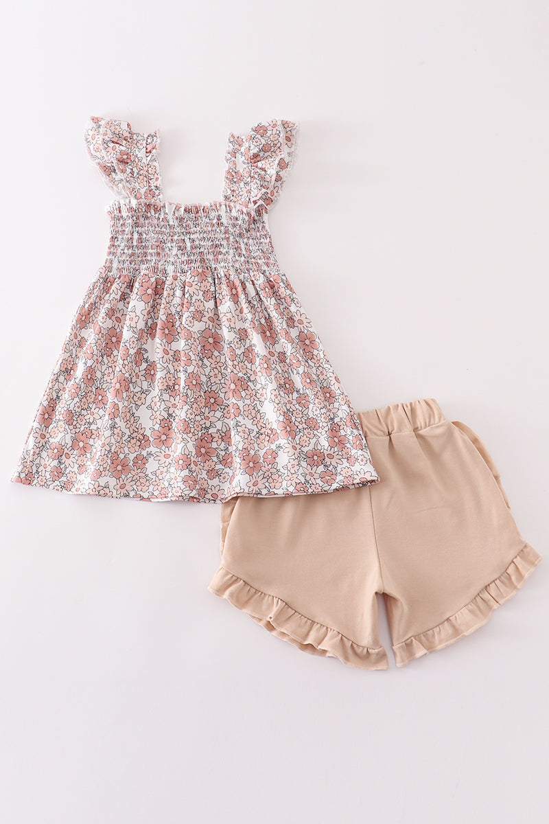 Floral Tan & Pink Smocked Girls Short Set