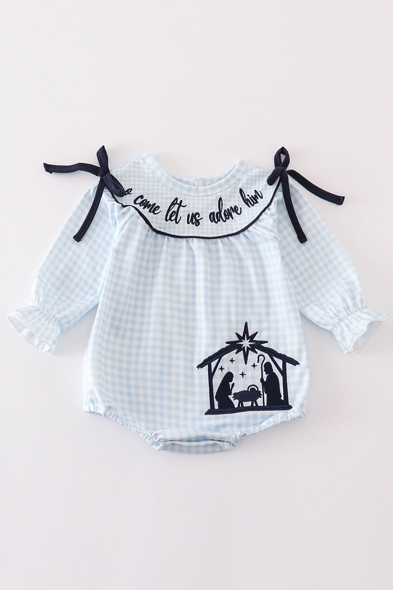 Girls Navy Nativity Embroidered Bubble Romper