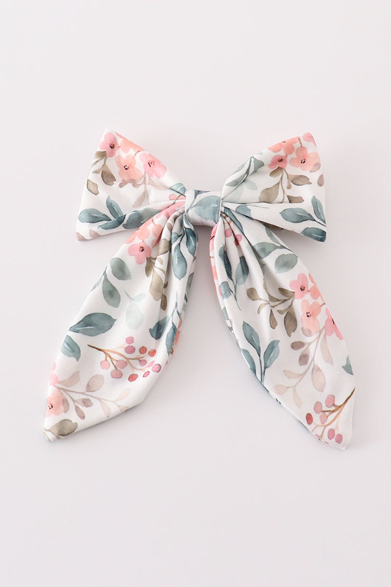 Green leaf and floral print sailor hair bow