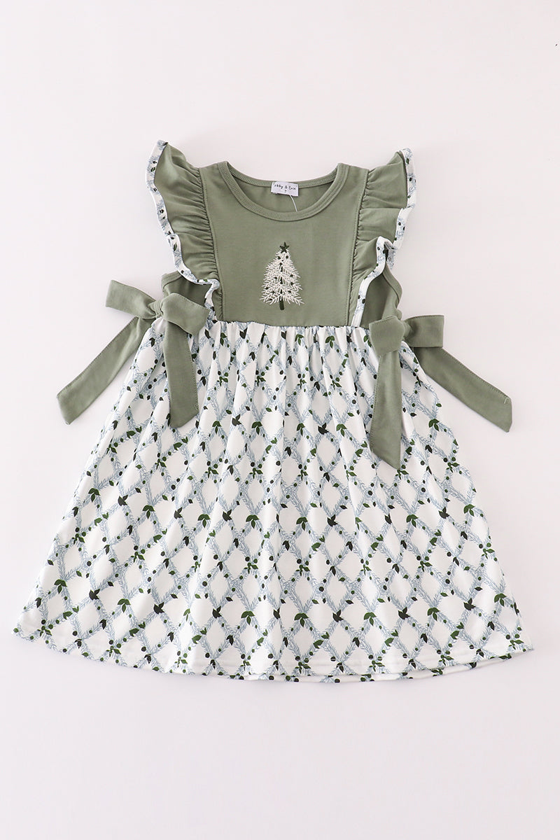 Girls Sage Green Christmas Tree Dress