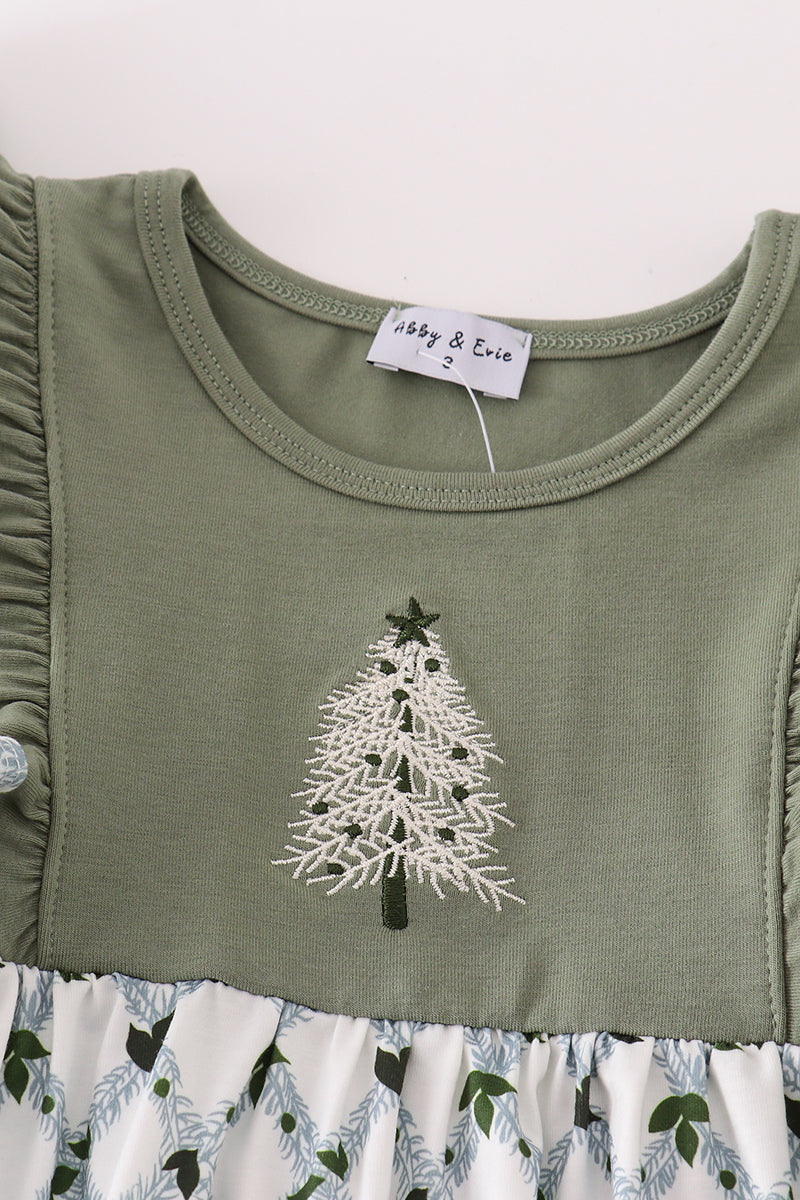Girls Sage Green Christmas Tree Dress