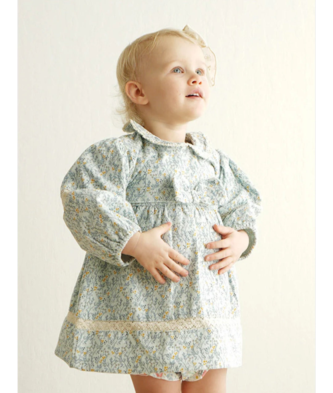 Blue Floral Corduroy and Lace Dress