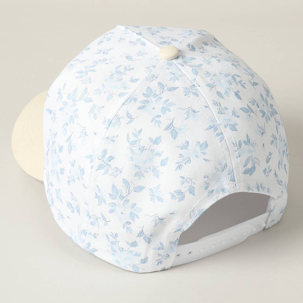 MAMA Women's Embroidered Flower Pattern Trucker Hat: Blue & Beige