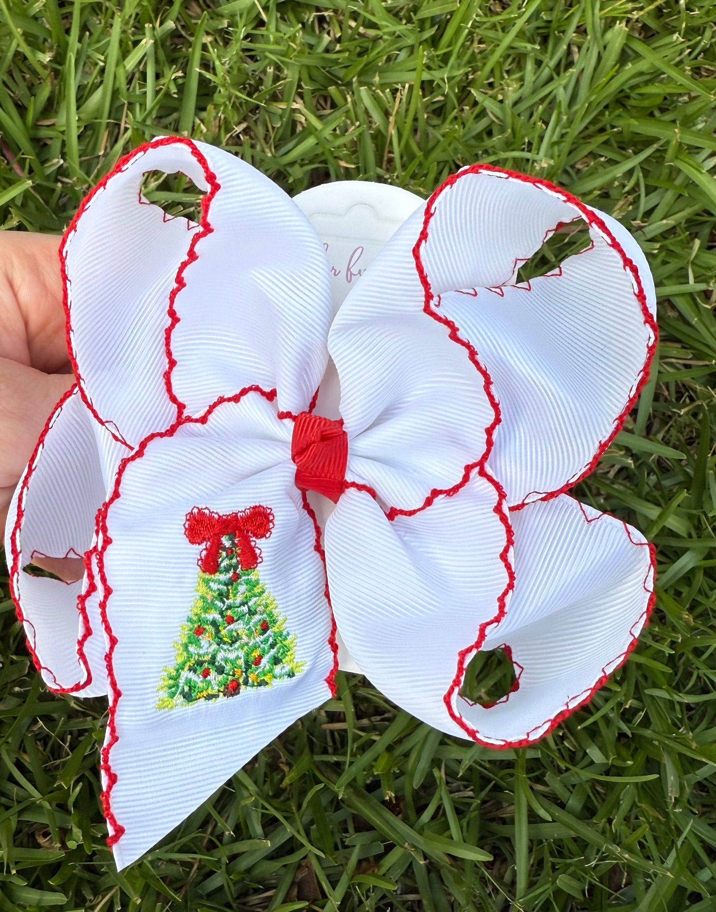 Holiday Christmas Tree Moonstitch Hair Bow: 5.5 inch