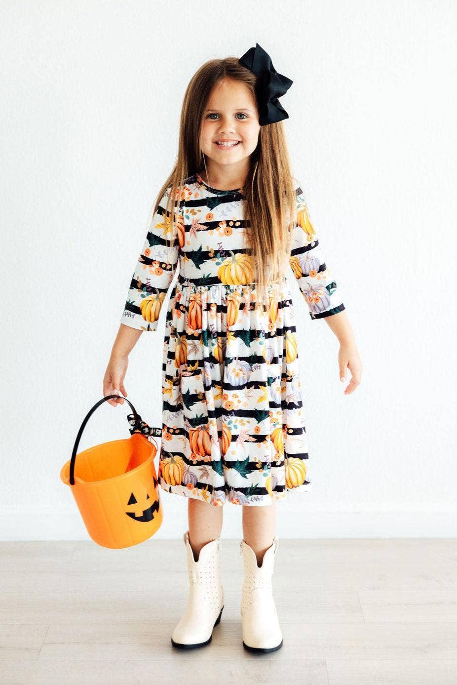 Pumpkins & Peonies 3/4 Sleeve Pocket Girls Twirl Dress