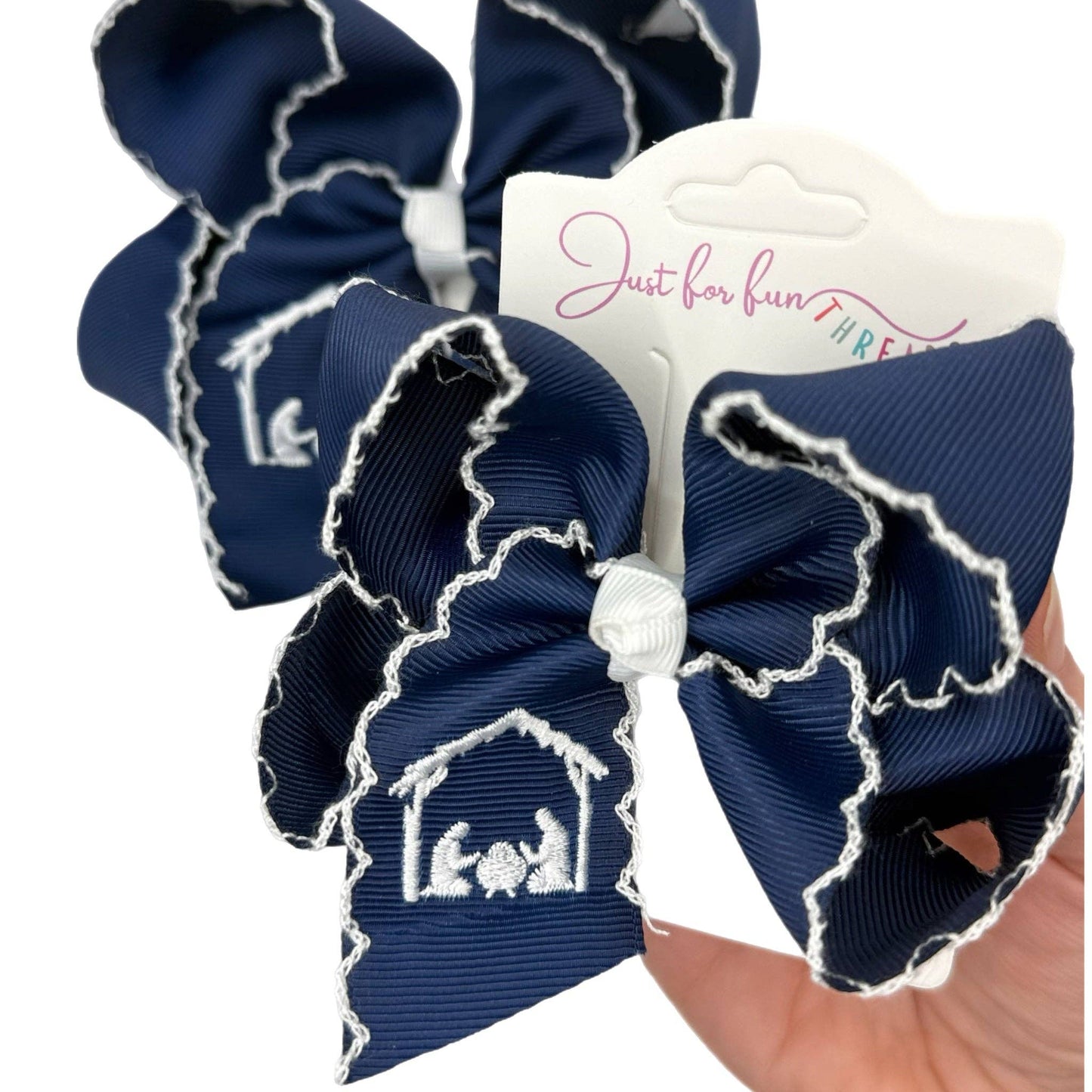Navy Nativity Scene Moonstitch Hair Bow: 5.5 inch