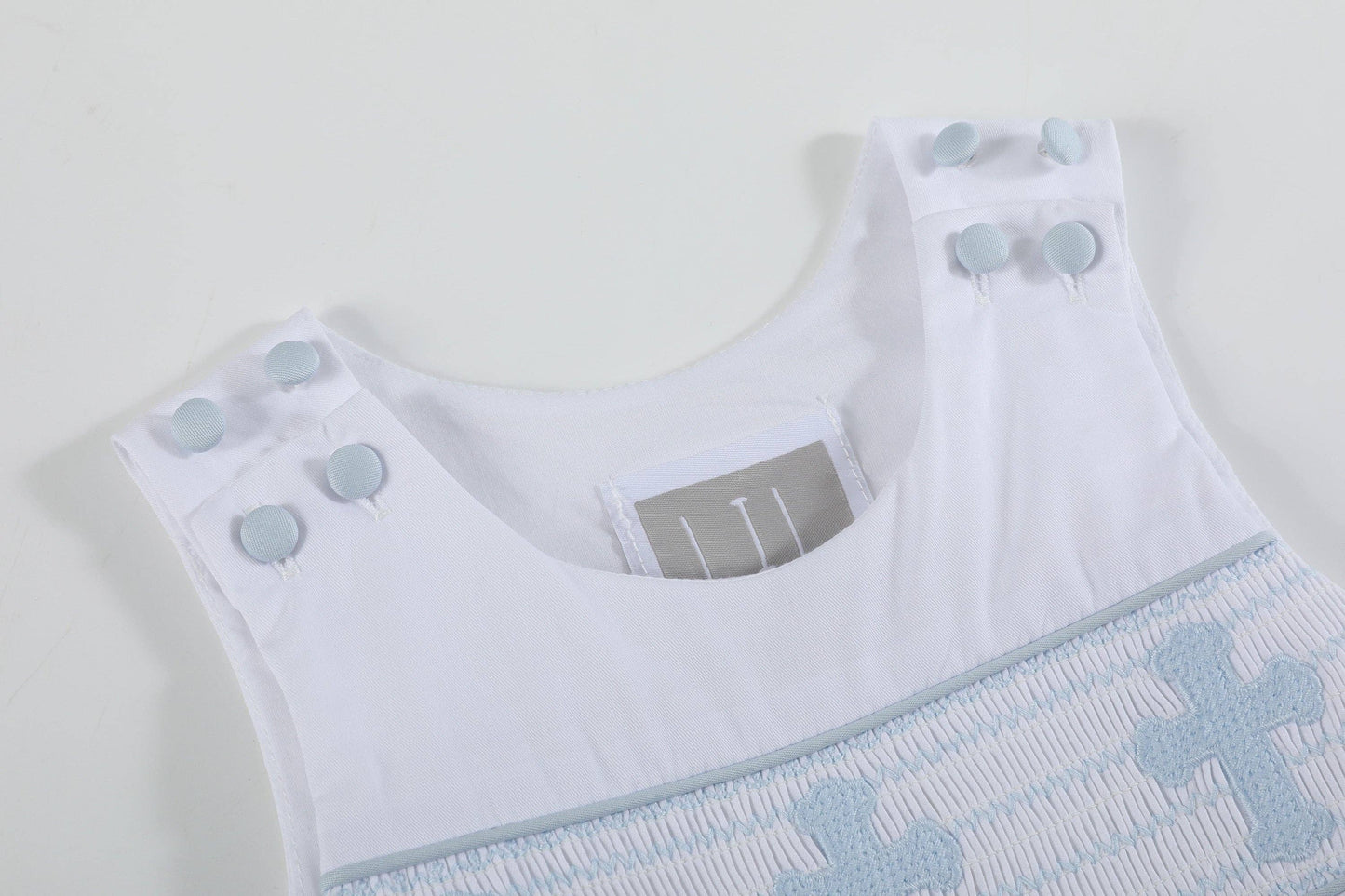 White and Blue Holy Crosses Smocked Boys Overalls