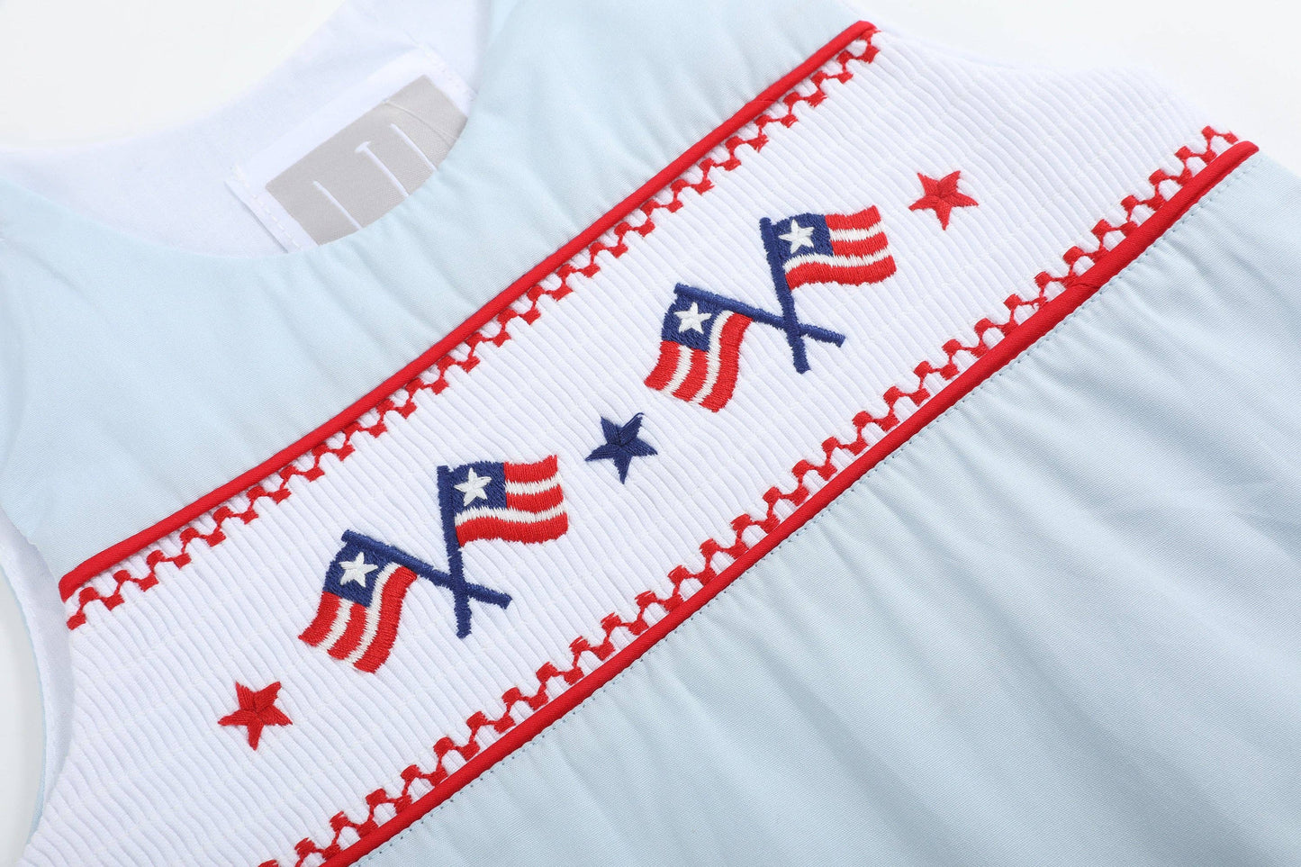 Light Blue USA Flag Smocked Boys Shortalls