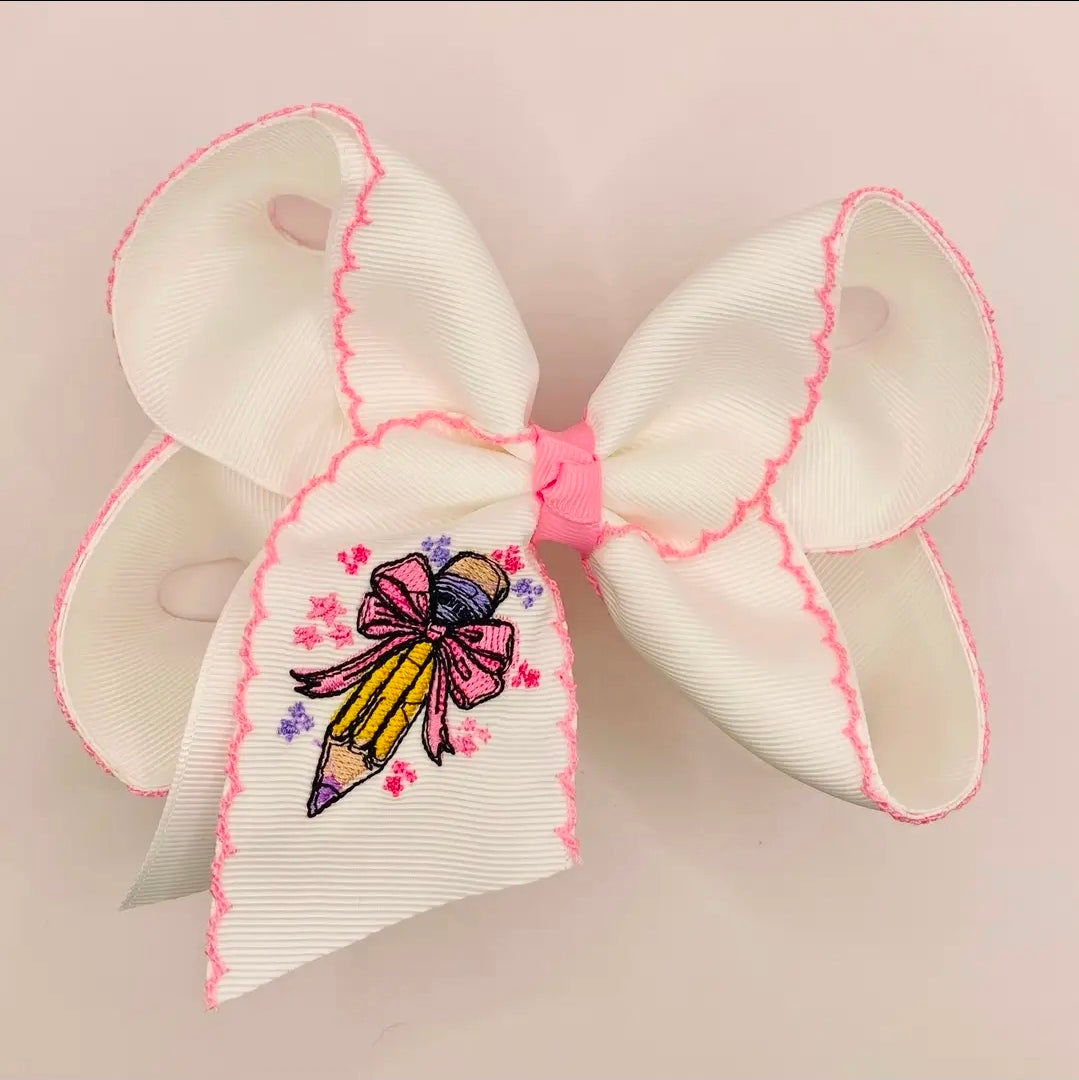 School Pencil Bow Girls Moonstitch Hairbow