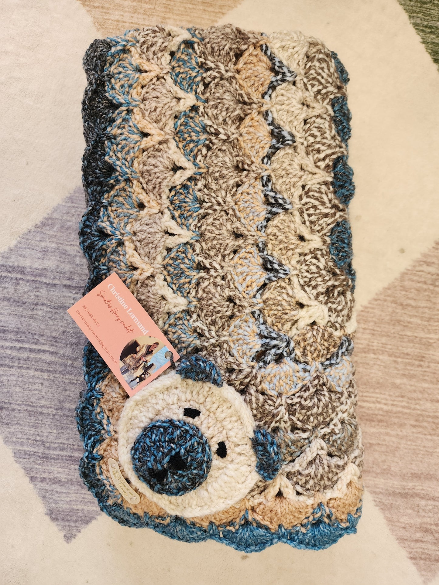 Crocheted Boys Tan & Blue Multicolored Baby Blanket w/ Bear