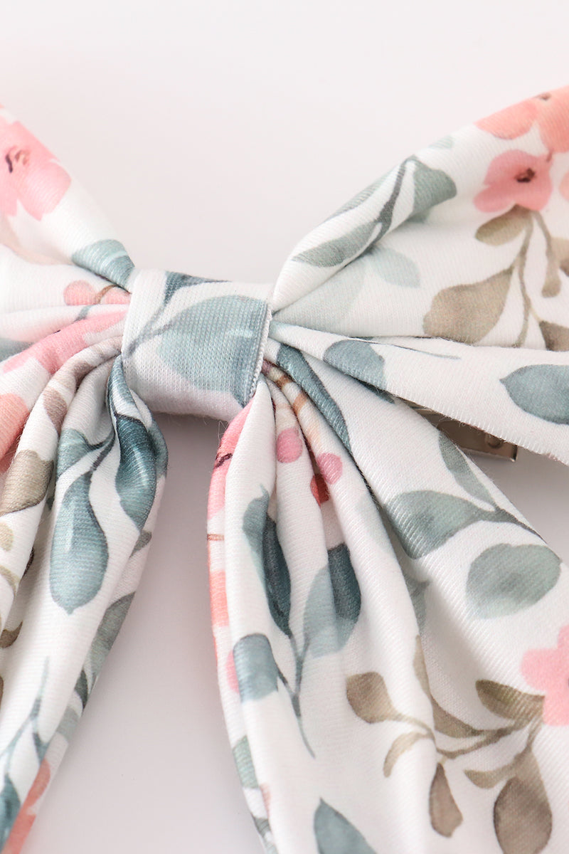 Green leaf and floral print sailor hair bow