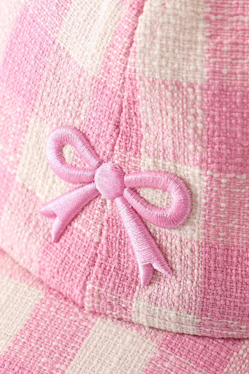 Embroidered Pink Plaid Bow Hat