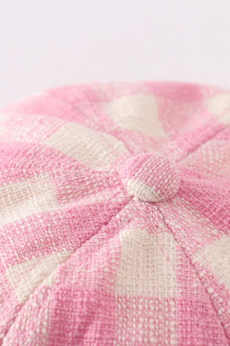 Embroidered Pink Plaid Bow Hat
