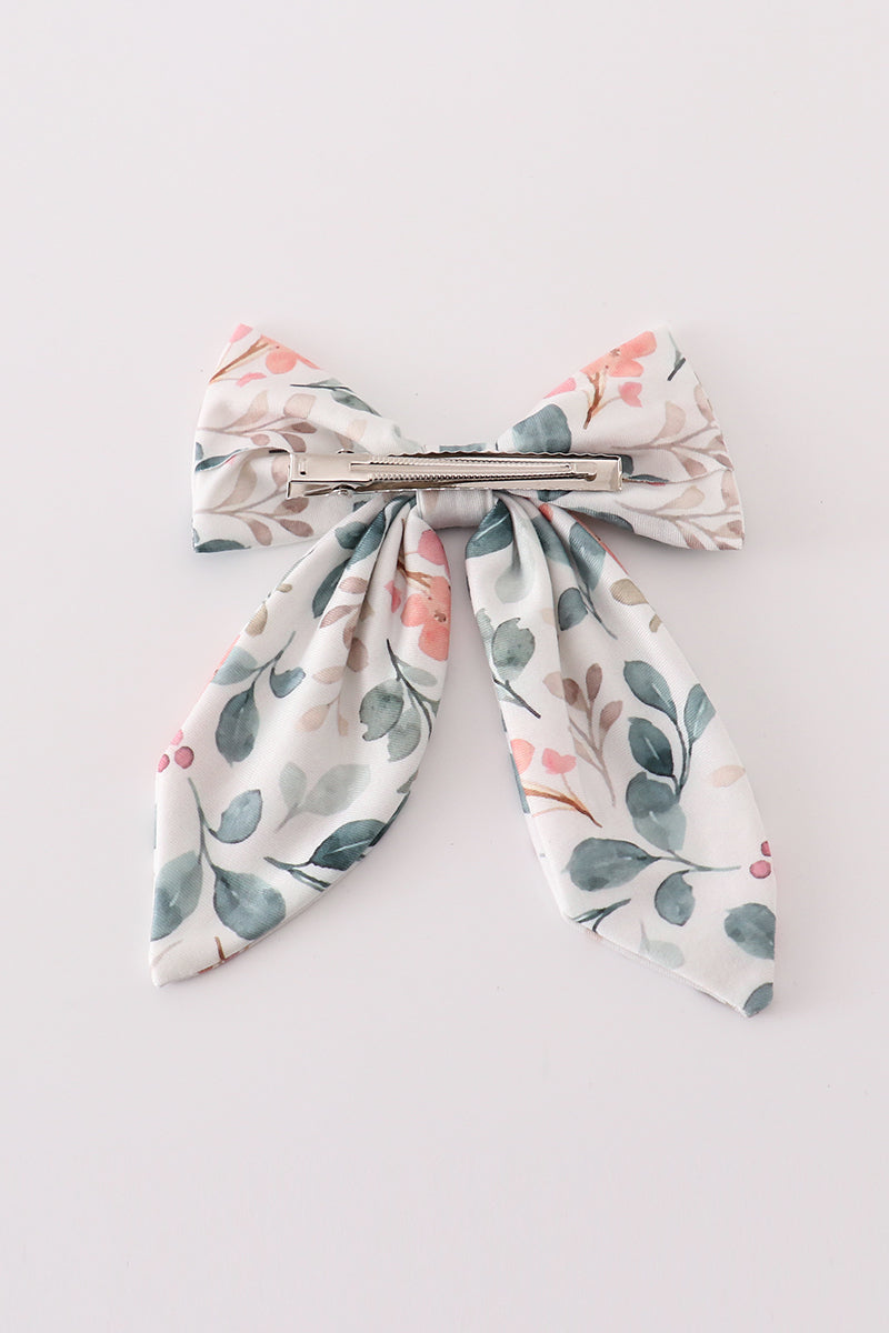 Green leaf and floral print sailor hair bow