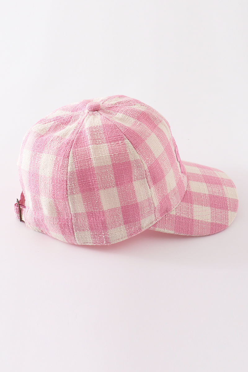 Embroidered Pink Plaid Bow Hat