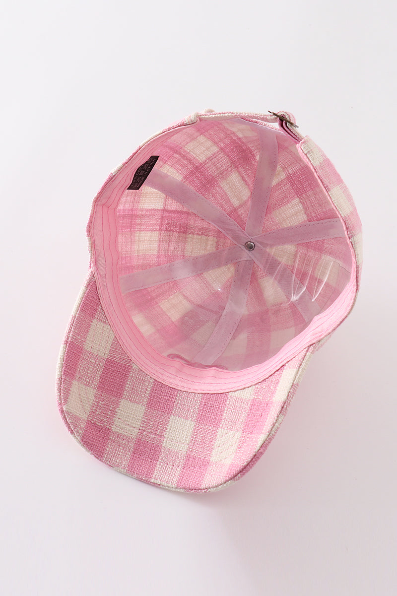 Embroidered Pink Plaid Bow Hat