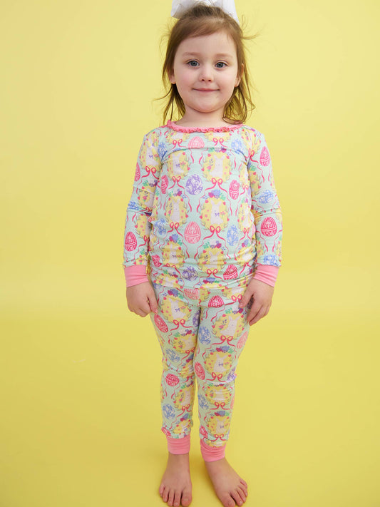 SoftSnooze™ Toddler Girls Bamboo Viscose Bunnies in Bloom Ruffle Long Sleeve Pajama Set with Signature Rear Ruffles