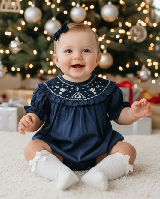 Blue Nativity Smocked Ruffle Romper
