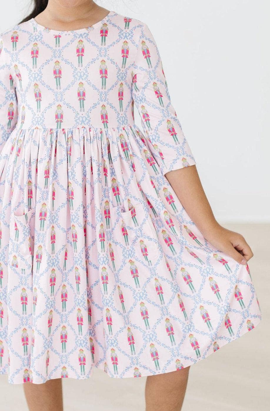 Pink Nutcracker 3/4 Sleeve Pocket Girls Twirl Dress