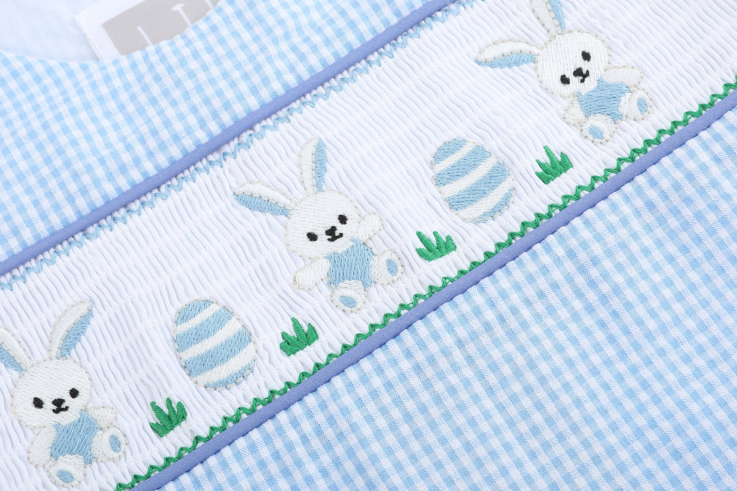 Light Blue Gingham Easter Egg and Bunnies Smocked Boys Overall