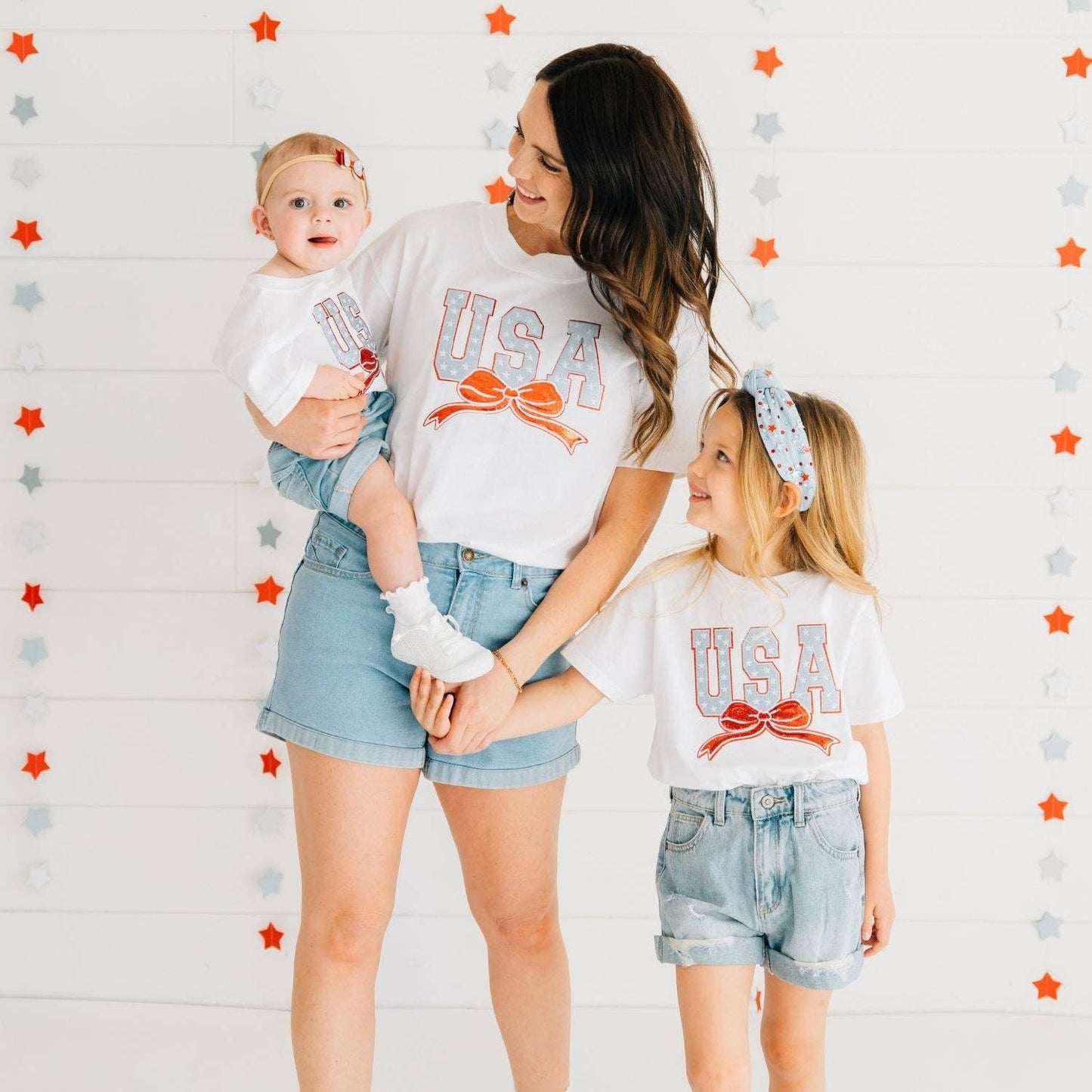 USA Stars & Bow Patch Short Sleeve Girls Romper