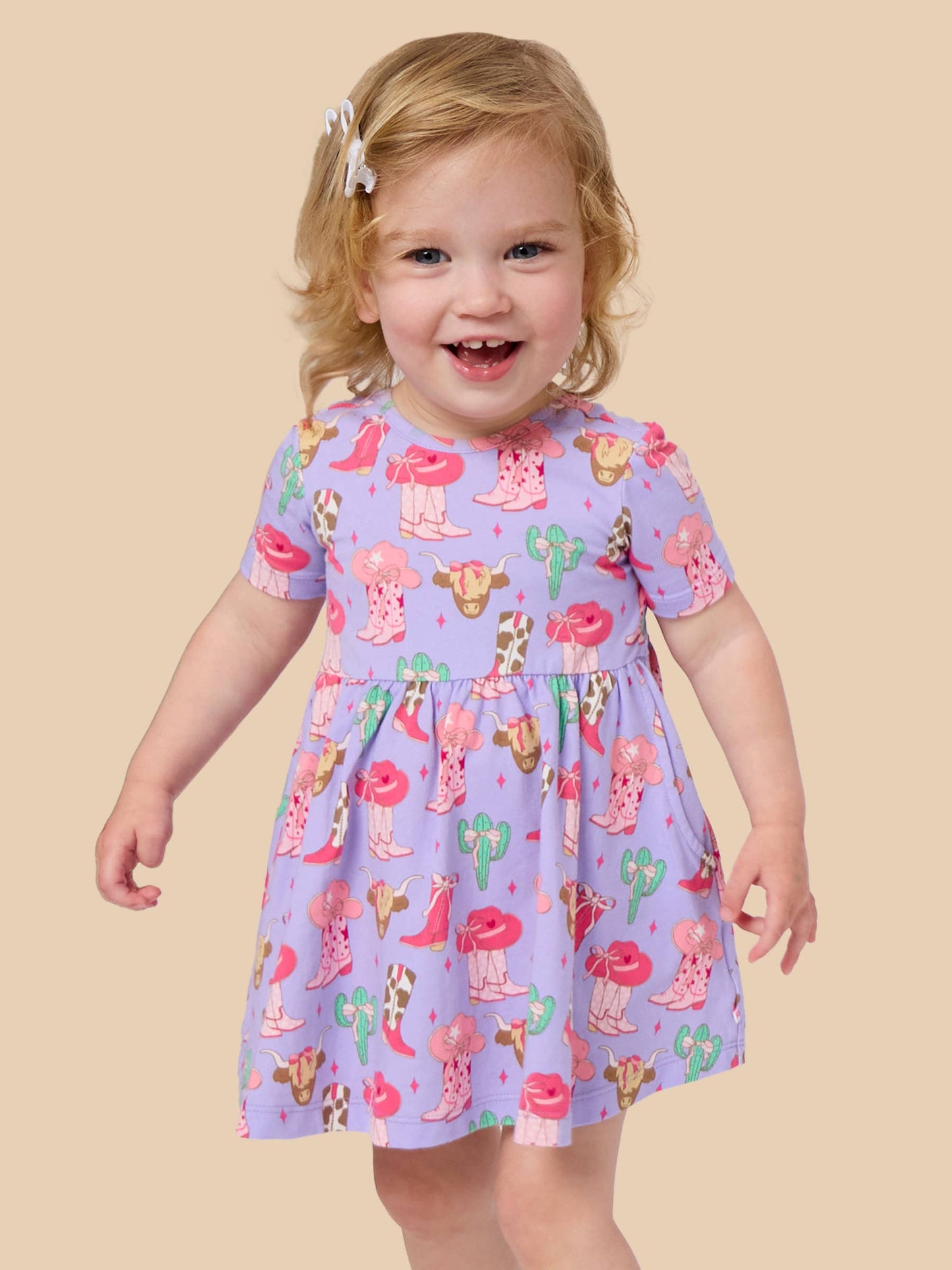 Girls Howdy Darlin’ Short Sleeve Knit Twirl Dress: Purple