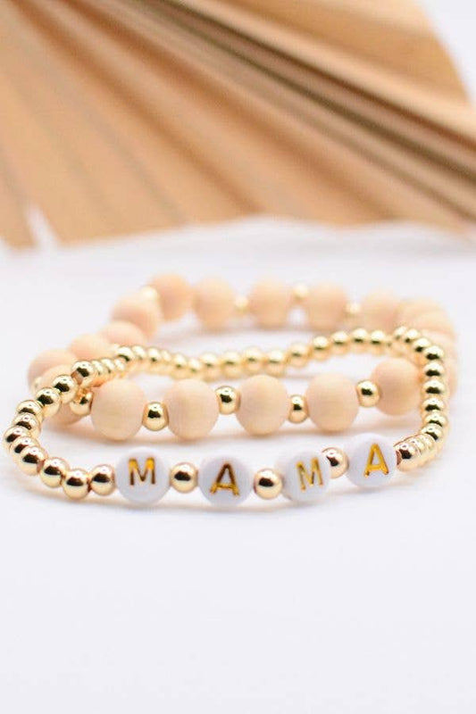 MAMA Word Bead Bracelet Set – Mothers gift, wood and gold