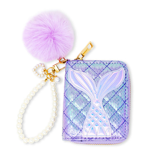 Mermaid Tail Pearl Strap Quilted Wallet with Pom-Pom: Purple