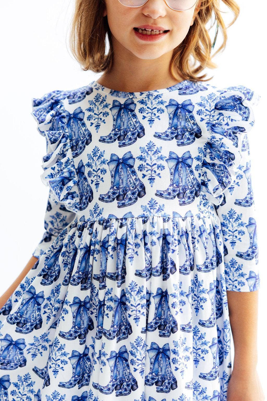 Blue Southern Belle 3/4 Sleeve Ruffle Girls Twirl Dress