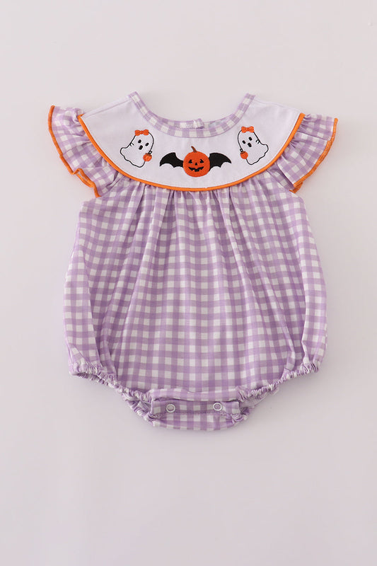 Purple Halloween Embroidered Girls Romper