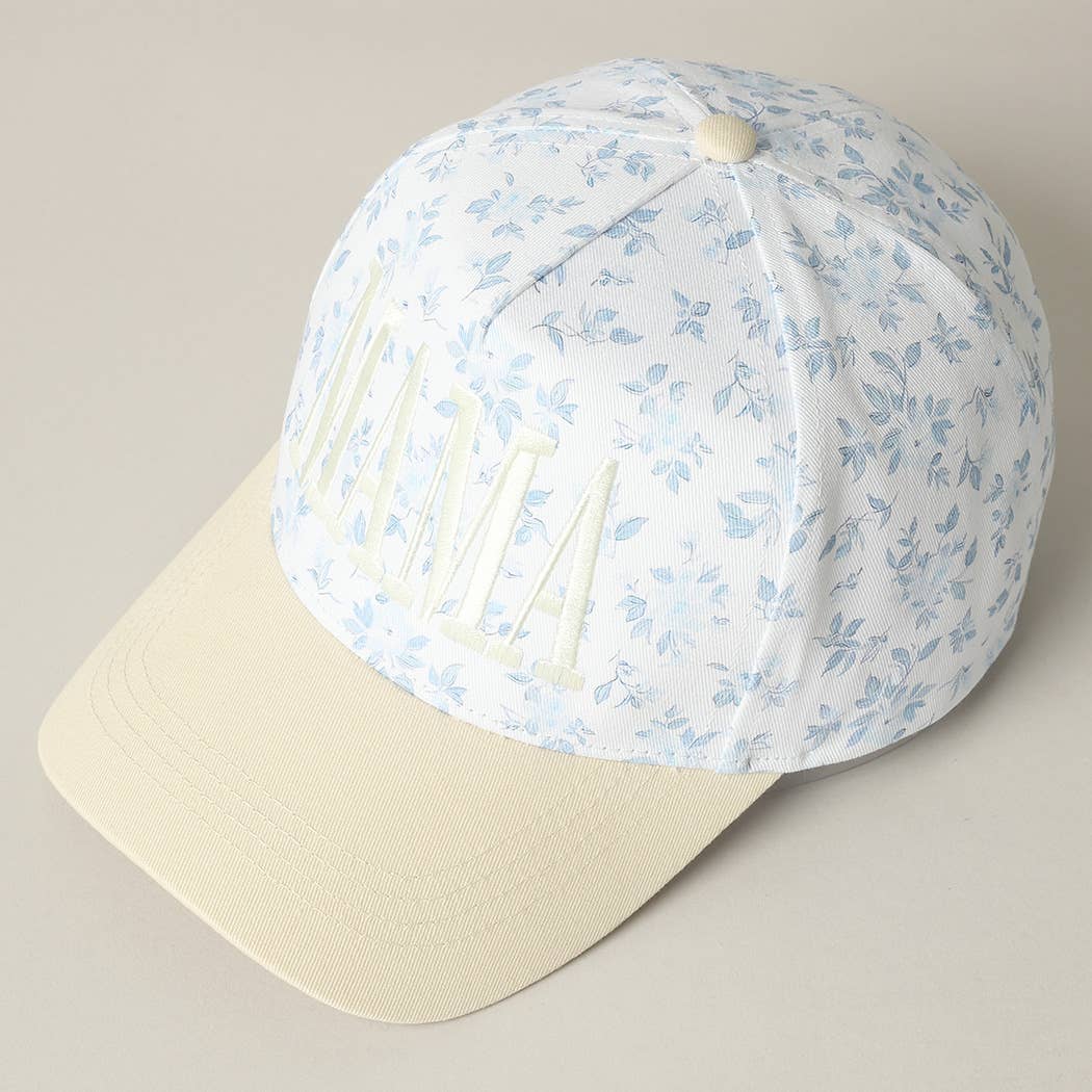 MAMA Women's Embroidered Flower Pattern Trucker Hat: Blue & Beige