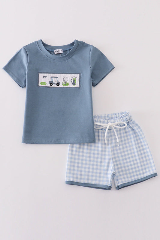 Boys Blue Embroidered Golf Short Set