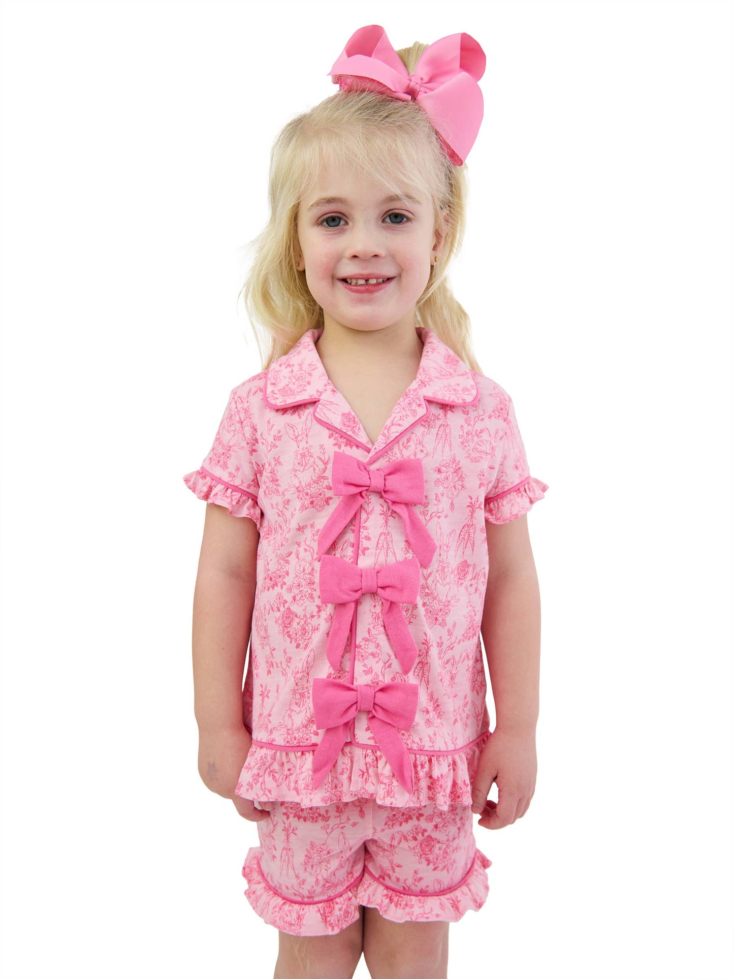 SoftSnooze™ Girls Pink Cottontail Short Sleeve Bow Ruffle Pajama Set