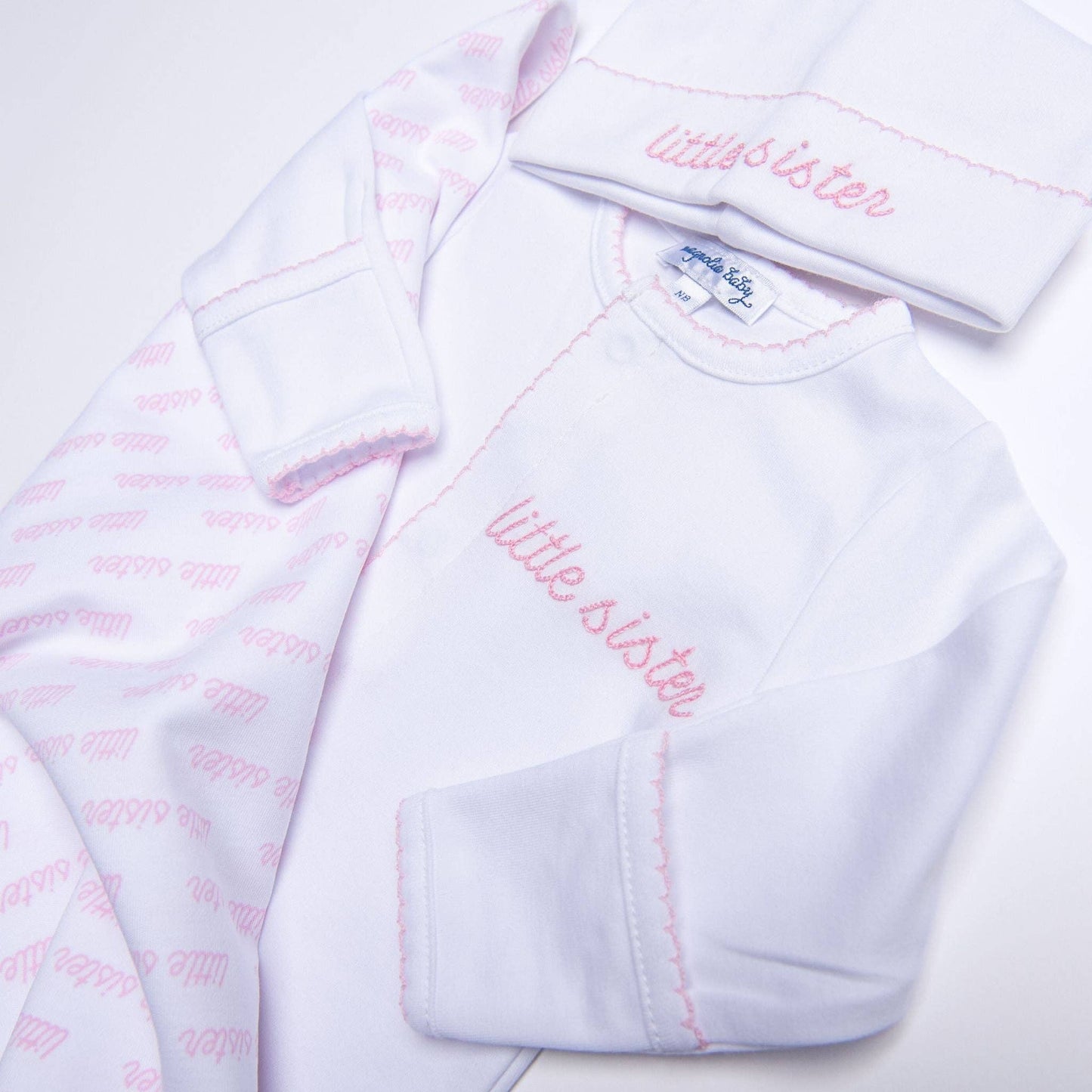 Little Sister Embroidered in Pink Baby Hat