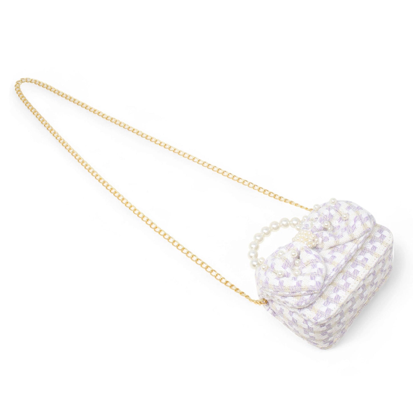 Girls Tweed Jumbo Pearl Bow Handbag: Purple